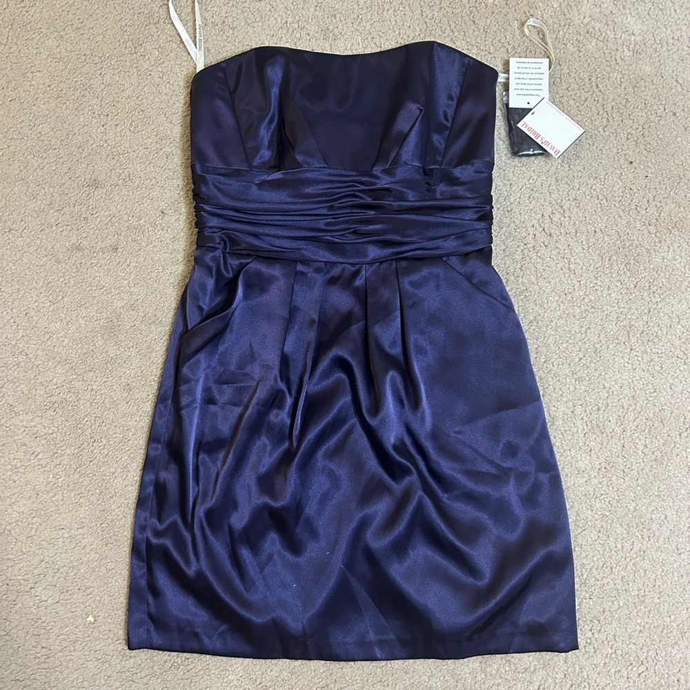 David's Bridal Blue Ruched Strapless Sheath Dress